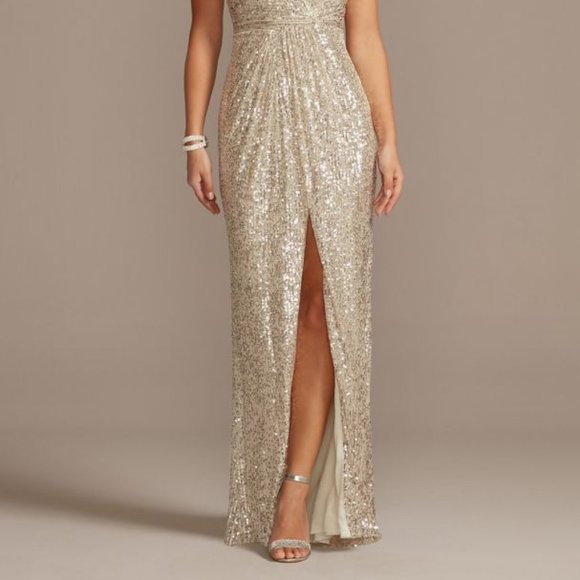 David's Bridal Exclusive- Allover Sequin Pleated V-Neck Gown with Slit Size 6 - Picture 9 of 11